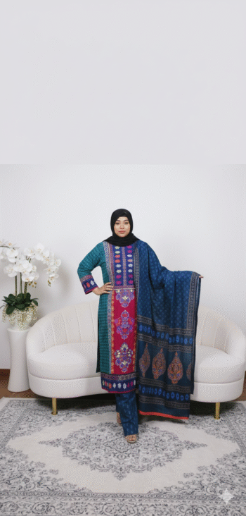 Premium Boutique Embroidered Cotton 3 Piece – Royal Blue